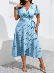 SHEIN Clasi Plus Size Polka Dot V-Neck Ruffle Sleeve Side Tied Summer Dress - Blue - View 3