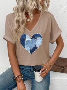 INAWLY 女士休闲V领短袖翻边心形印花T恤 - 杏色 - 查看 4