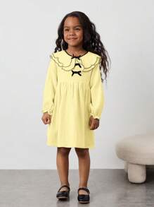 Maija Kids Maija Kids Young Girl Loose Casual Layered Peter Pan Collar Bow Decor Long Sleeve Dress