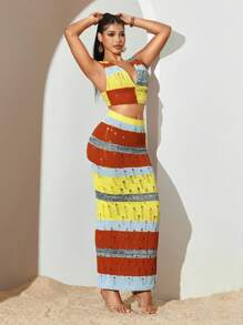 Sirith Completo da donna composto da top smanicato a scollo a V profondo con stampa a righe a contrasto e minigonna in maglia, 2 pezzi