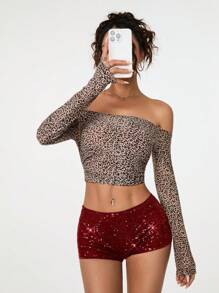 SHEIN PETITE Women Sequined Mini Shorts Summer, Country Concert, Sexy, Club, Streetwear - Burgundy - View 5