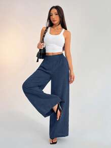 SHEIN PETITE 女士休闲度假腰带蓝色阔腿裤 - 霧霾藍 - 查看 4