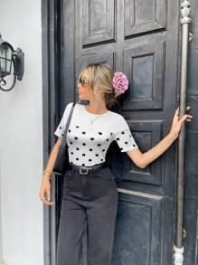 Pariaura Maglietta a maniche corte con schiena aperta, stile francese a pois, per donna, primavera/estate