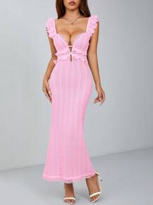 SHEIN PETITE Robe longue sexy et élégante avec queue de poisson, ornée de volants texturés, de manches volantes petites et ajourées, avec des bretelles ajourées dans le dos