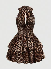 Sunspun Plus Size Leopard Print Backless Sleeveless Mini Dress - Brown - View 2