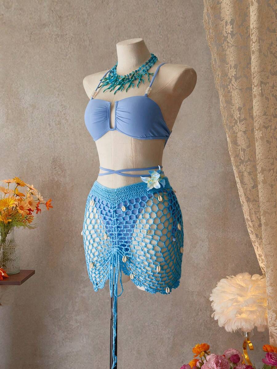 SHEIN Swim U-Shape Elegant Ruched Drawstring Swimsuit Set, Slimming For Summer Beach Vacation - Blue - View 1