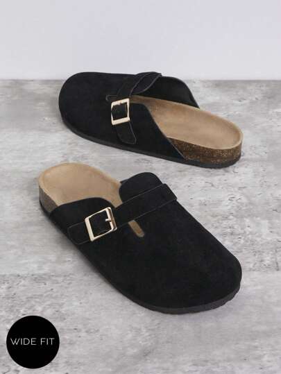 SHUZIA Zuecos con cierre de hebilla ajustable, plantilla de corcho y punta redonda de ajuste ancho para mujeres