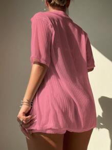 Swim Basics 2pcs/Set Women Solid Color Short Sleeve Top And Elastic Waist Shorts With Cover Up For Summer Beach Vacation - Pink - View 2