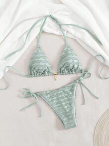 Swim Vcay 2pcs Women's Solid Color Textured Fabric Spring/Summer Tie-Front Strapless Metal Starfish Decor Blue Bikini Swimsuit Set