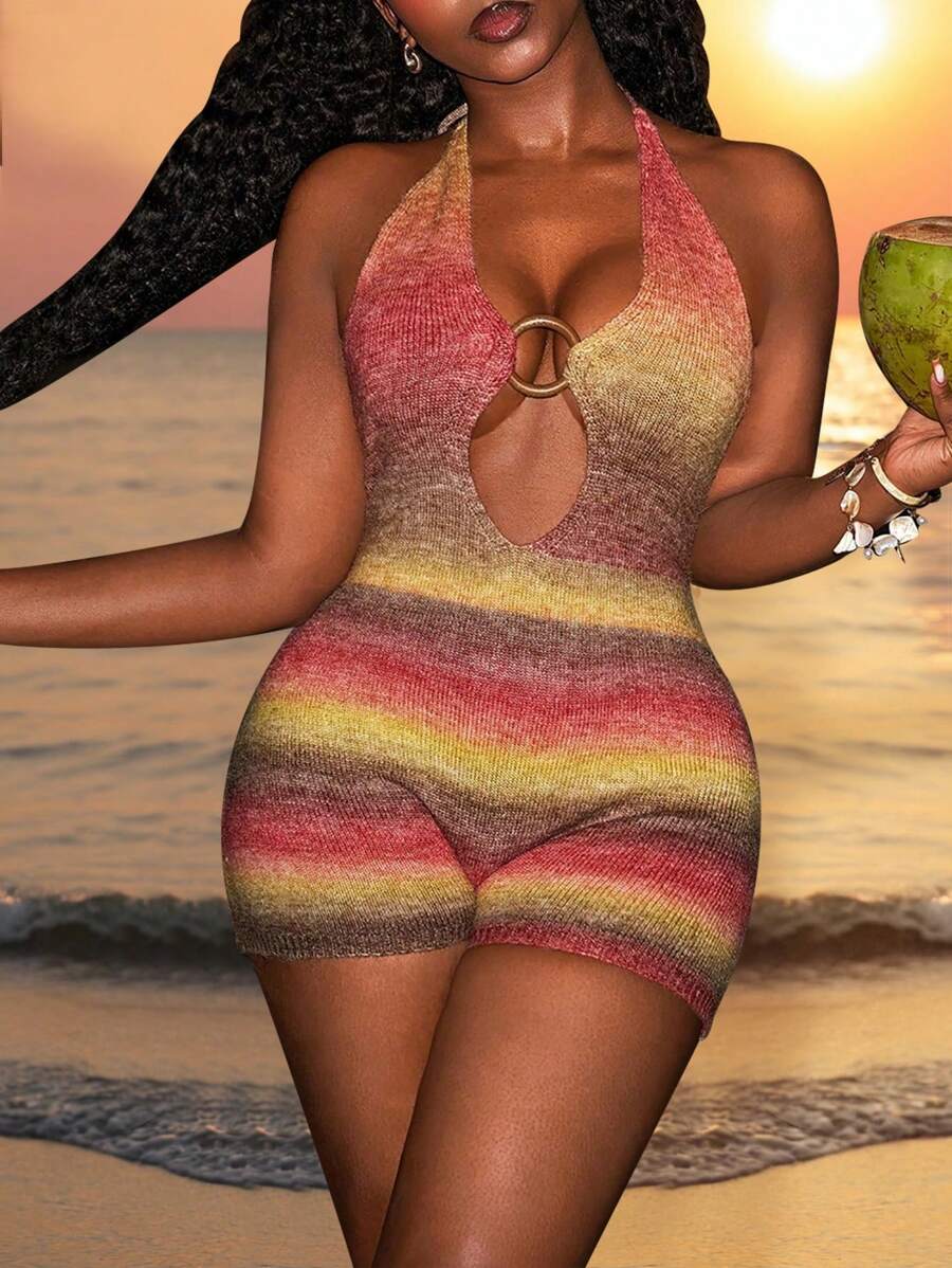 Slaydiva 新款大地色棕色镂空装饰圆形吊带紧身针织连体短裤，休闲度假风，春夏