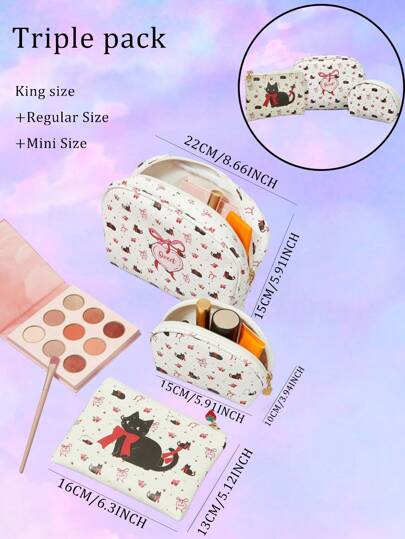 Kawaii Set de 3 bolsas de maquillaje portátiles de gran capacidad con diseño de gato beige lindo, lazo rojo y patrón de fresa