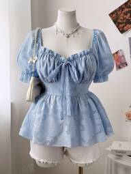 Ceyna New Summer Elegant Vacation Style French Cute Sweet Princess Texture Material Bow Decor Puff Sleeve Shirt, Cinched Cinched Waist Top