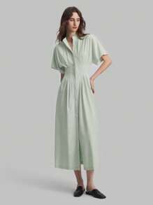 Ontre 2025 Novo Vestido Longo Plissado Estilo A-Line com Botões na Frente e Manga Curta em Cor Sólida para Mulheres, Casual de Férias para Verão e Outono na Cor Verde Claro, Casual Empresarial, Praia, Festa de Aniversário, Traje de Professora, Uso no Escritório - Multicolorido - Visão 3