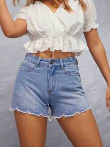WESTFADE Celana Pendek Denim Longgar Model A dengan Bordir Matahari Musim Panas dan Potongan Bergelombang, Pinggang Tinggi, Cocok untuk Liburan Pantai Musim Semi - Light Wash - View 2