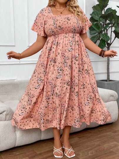 SHEIN CURVE+ Vestido de línea A con mangas con volantes y estampado floral, sencillo y de moda, adecuado para el verano