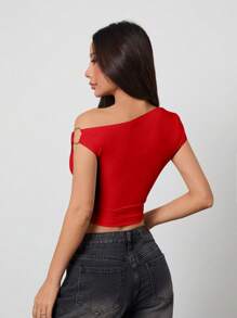 SHEIN PETITE Women's Red Knitted Casual Crop Top With Asymmetrical Neck And Short Sleeves - Red - View 2