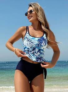 Swim Lushoire Ladies' 2 Pieces Casual Beach Swimwear Set, Multicolor Random Printed Swimwear Top And Solid Color Pants For Summer Beach Vacation - Blue - View 5