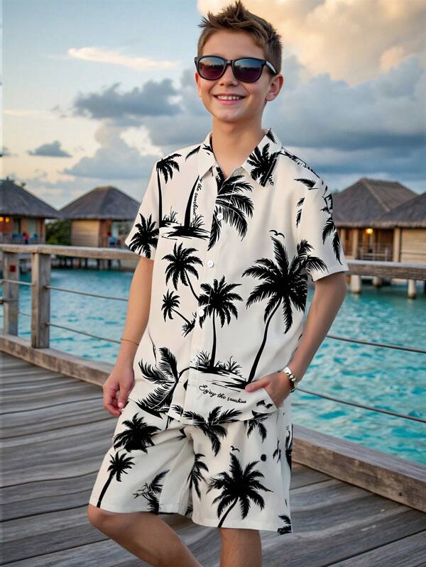 SHEIN 2 Stücke/Set Tween Jungen Lässig College Stil Hawaii Hemd & Shorts Set, geeignet für Schule, Pendeln, Alltag, Sport, Frühling/Sommer