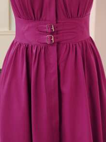 ZEYLAH Deep V-Neck Metal Buckle Waist Belt Decor Short Sleeve Midi Dress - Purple - View 2