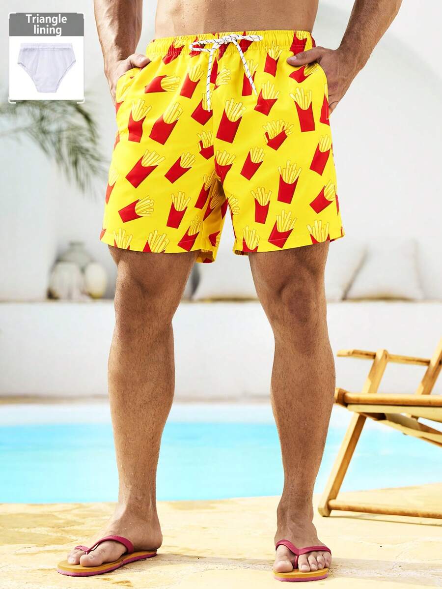 Surfspeed Men's Summer Vacation French Fries Print Drawstring Waist Beach Shorts - Multicolor - View 1