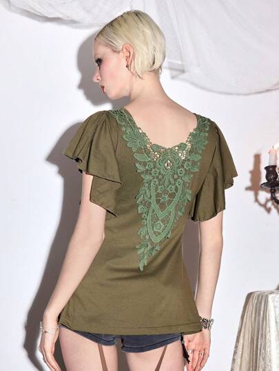 Fairycore Camiseta de mujer de corte holgado con manga de murciélago y ribete de encaje de estilo vintage