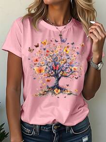 SHEIN LUNE 休闲简约花卉树蝴蝶圆领宽松短袖T恤女款，适合夏季 - 彩色 - 查看 4