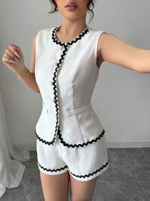 Franclia 休闲优雅蕾丝边修身圆领无袖上衣+高腰阔腿短裤2件套 杏色薄款 夏季 - 杏色 - 查看 6