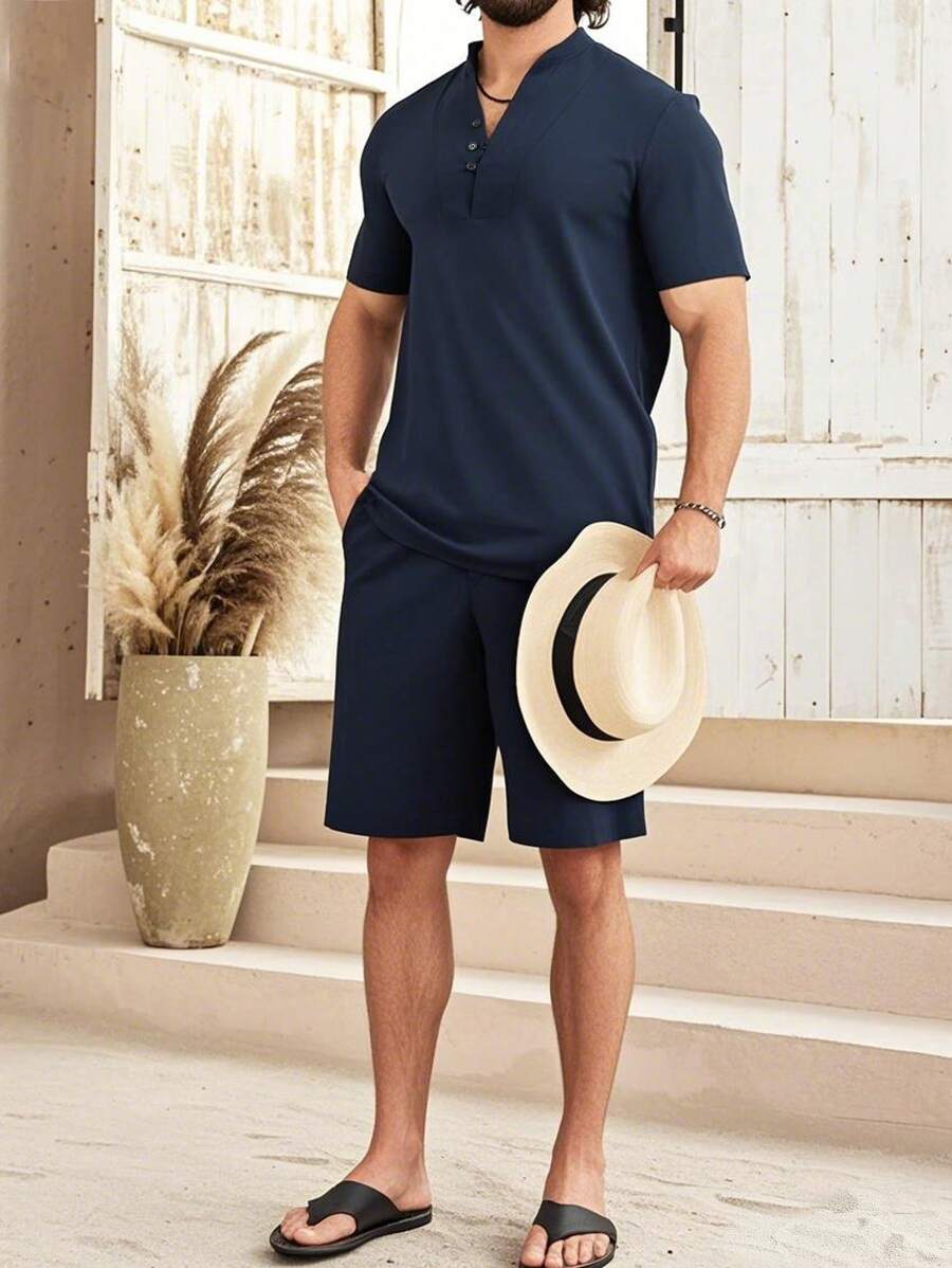 Manfinity RSRT Men's Navy Blue Polyester Stand Collar Short Sleeve Shirt And Shorts Set: Stylish Split Design Co-Ord For A Modern Look - Navy Blue - View 1