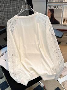 Franclia Casual Rhinestone Lace Hollow Women Sweatshirt - White - View 2
