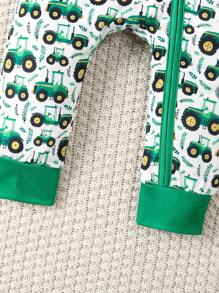 SHEIN Playful Pals Spring Baby Boys Crawler Jumpsuit With Cute Green Tractor Print Pattern, New Fashion Zipper Design Comfortable & Stylish Jumpsuit - Multicolor - View 6