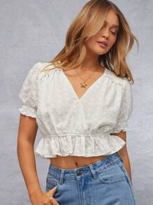 WESTFADE Frühlings Western Blumen gestickte Lochstickerei V-Ausschnitt Überkreuzoberteil mit Puffärmeln und Rüschen