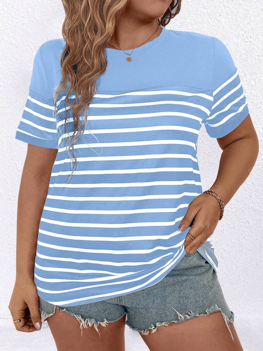 Camiseta casual de verano con estampado de rayas, cuello redondo y manga corta para mujer de talla grande - Azul - Ver 1