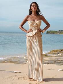 Opulessa 2pcs Women Solid Woven Bandeau Top & High Waist Mermaid Hem Skirt Set