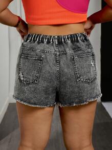 SHEIN SXY Plus Size Plain Pocket Distressed Fringed Sexy Denim Shorts - Grey - View 2