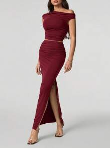 SHEIN Tall 2 件女装套装：不对称领口短袖上衣 + 迷你裙 - 酒紅色 - 查看 7