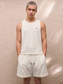 SWAVVY 2件套男士休闲针织无袖背心和松紧腰直筒短裤套装 - 米色 - 查看 1