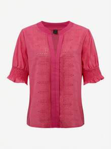EMERY ROSE Nữ Màu Trơn Cổ Chữ V Kiểu Chữ V Vừa Vặn Tay Phồng Áo Sơ Mi Tay Ngắn Mùa Hè - Hồng - Xem 7