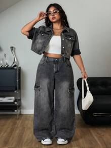SHEIN ICON Jeans Vaqueros Cargo Casuales Holgados de Pierna Ancha y Versátiles para Mujer de Talla Grande