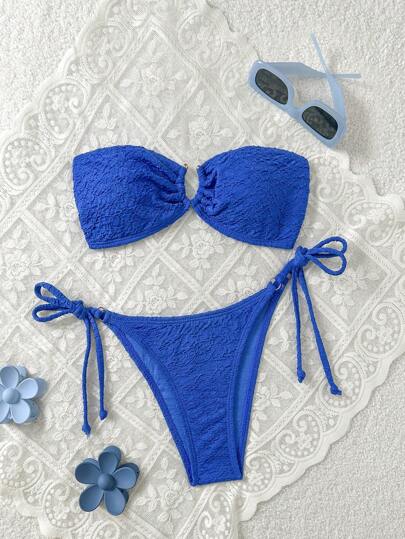 Swim Mod Women's Solid Color Bandeau Sexy Bikini Swimwear Set For Summer Beach Vacation
