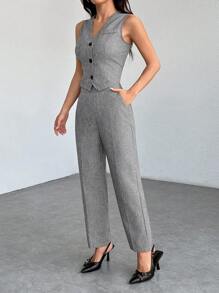 SHEIN PETITE Casual Sleeveless Open Front Vest & Loose Pants Set In Fall/Winter - Light Grey - View 4