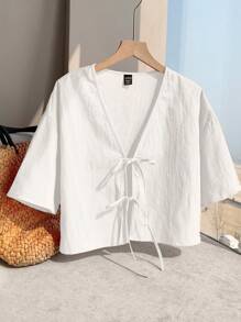 Comfortcana 1pc Women's White Linen Woven Cardigan, Summer