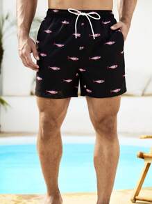 Manfinity KASUA Men's Summer Holiday Fish Print Drawstring Waist Beach Shorts - Black - View 5