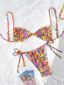 SHEIN Swim Random Print Ruched Keyhole Front Tankini Top & Belted Swim Bottoms Women Summer Beach Holiday Spaghetti Strap Bikini Set - Multicolor - View 1