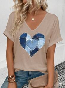 INAWLY 女士休闲V领短袖翻边心形印花T恤 - 杏色 - 查看 1