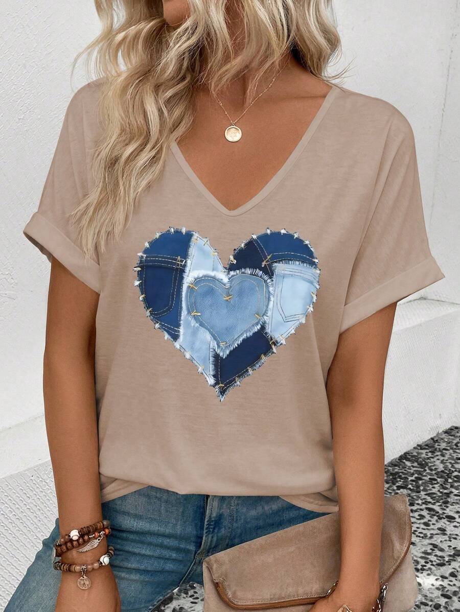 INAWLY 女士休闲V领短袖翻边心形印花T恤 - 杏色 - 查看 1