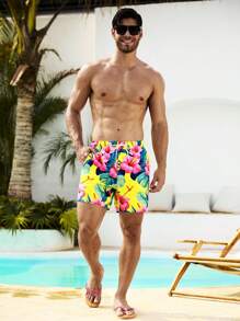 Manfinity VDAYZ Men's Tropical Plant Print Drawstring Waist Beach Shorts - Multicolor - View 3