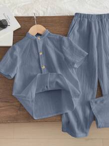 SHEIN Leap Crew 2pcs/Set Young Boys Loose Casual White Mandarin Collar Woven Plain Short Sleeve Shirt And Long Pants Suit, Suitable For Sports, Home, School, Outing, Vacation, Spring And Summer