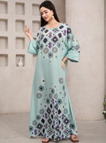 Al Najma Women's Modest Maxi Abaya Dress: Woven Fabric, Round Neck, Three Quarter Length Sleeves, Geometric Print, Green - Green - View 5