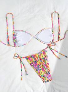 SHEIN Swim Random Print Ruched Keyhole Front Tankini Top & Belted Swim Bottoms Women Summer Beach Holiday Spaghetti Strap Bikini Set - Multicolor - View 2