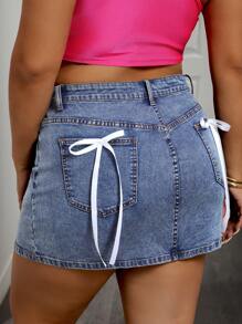 SHEIN SXY Plus Size Solid Color Bowknot Decor Bodycon Denim Mini Skirt - Blue - View 1
